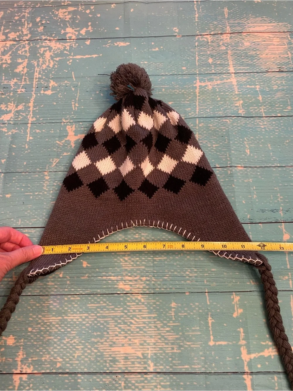 Gray, Black, White, Pom-Pom Earflap Hat